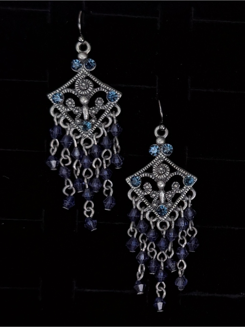 Vintage aged Silvertone, black and blue chandelier pierced earrings